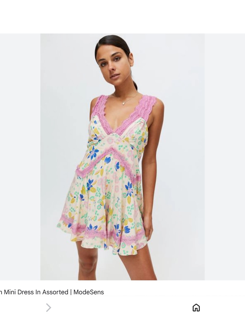 Urban Outfitters Cream Floral Mini Dress with Pink Lace Trim